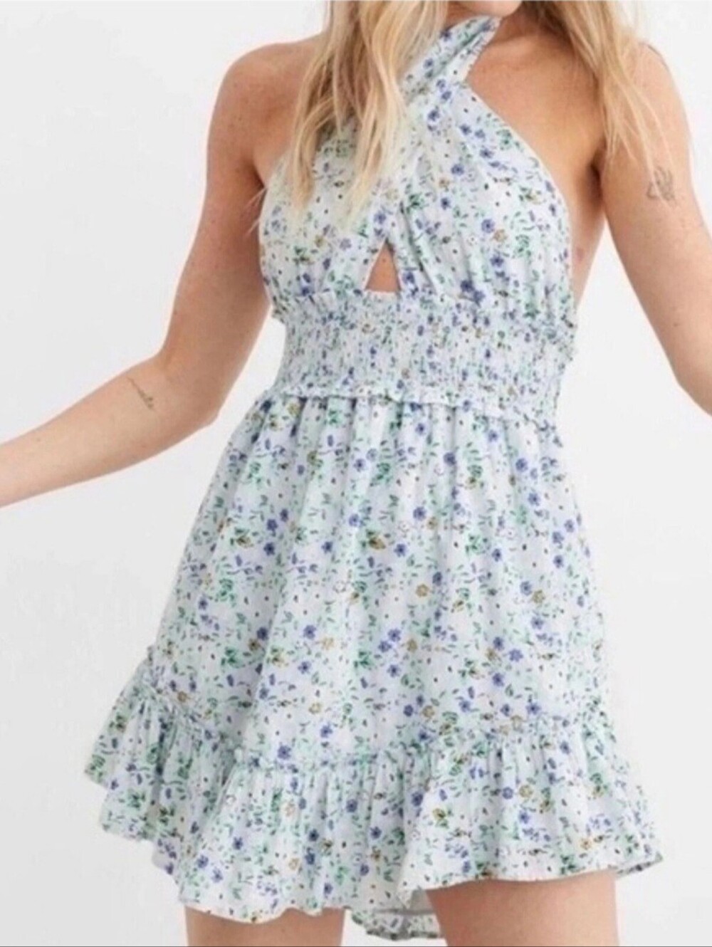 Floral Halter Summer Dress - Light Blue